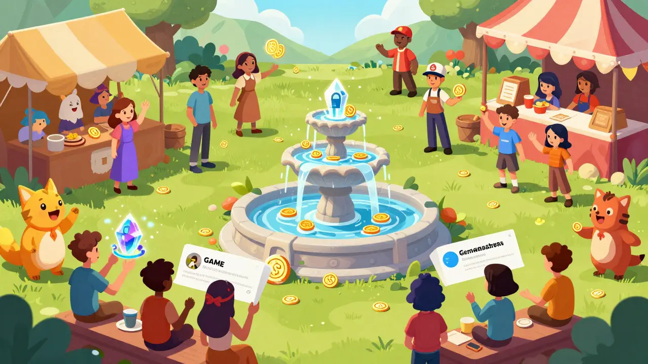 Vibrant marketplace scene showing users earning rewards through active participation.