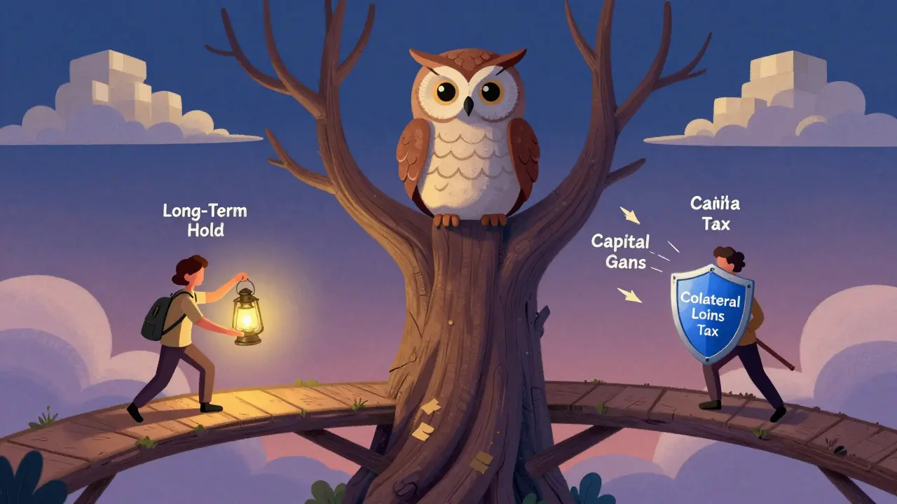 Wise owl guiding investors through tax strategies like holding and collateral.