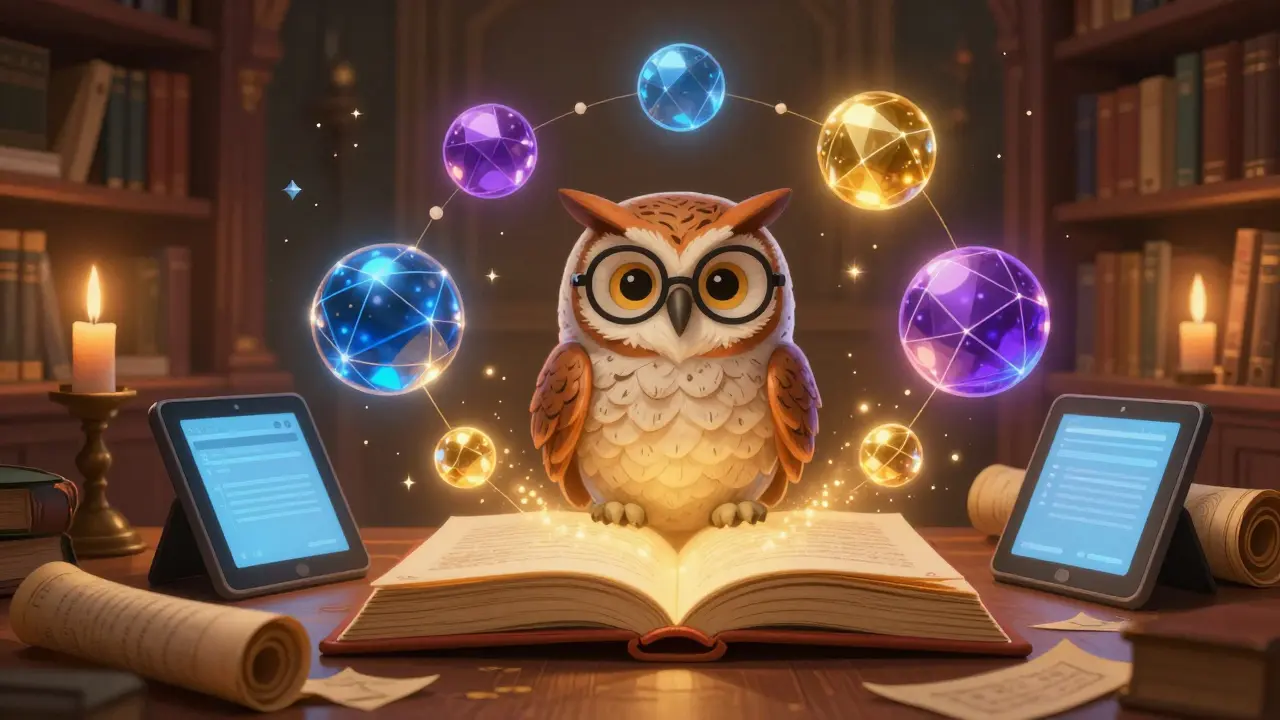 Wise owl surrounded by floating geometric shapes representing liquidity pools
