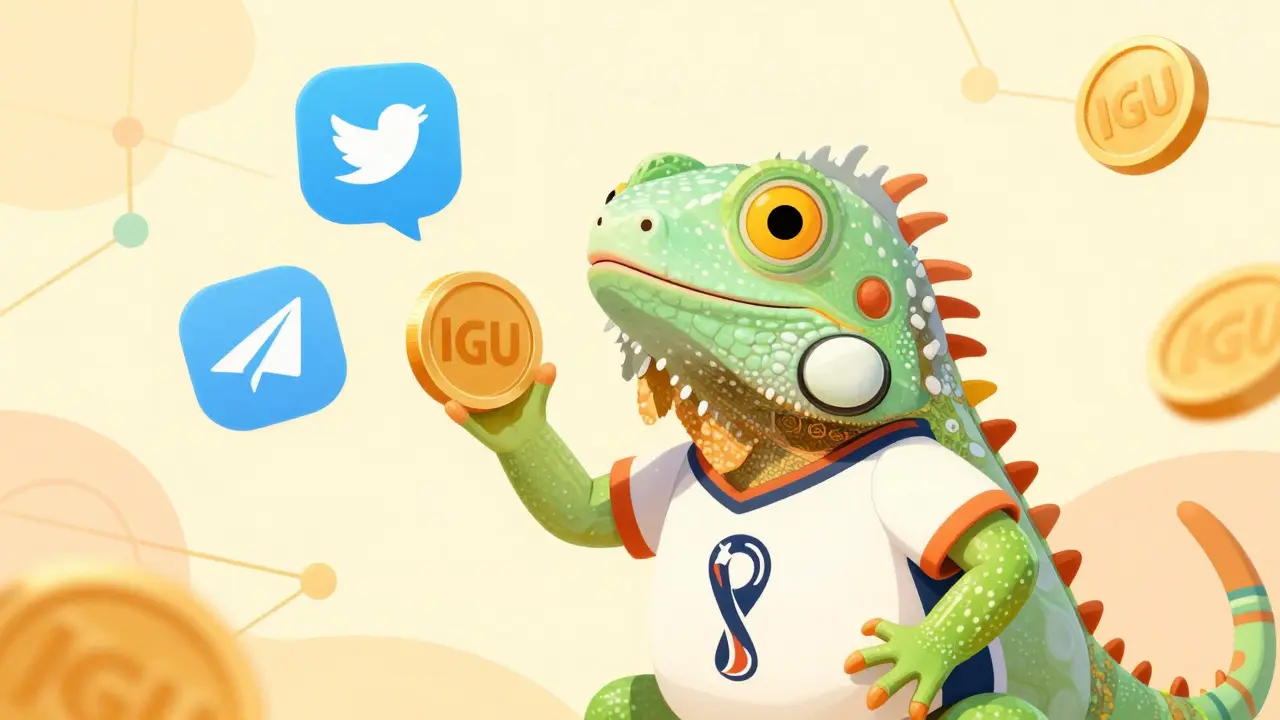 A cute virtual pet iguana playing with social media icons and crypto coins