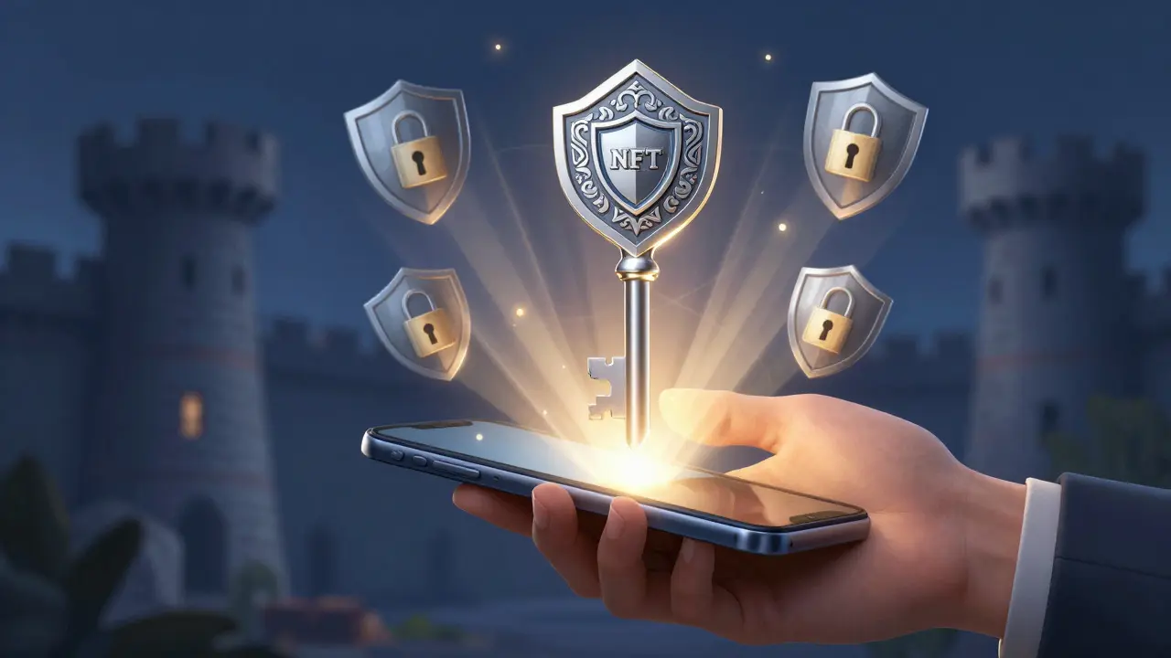 A glowing magical key emerging from a phone, symbolizing secure NFT claiming
