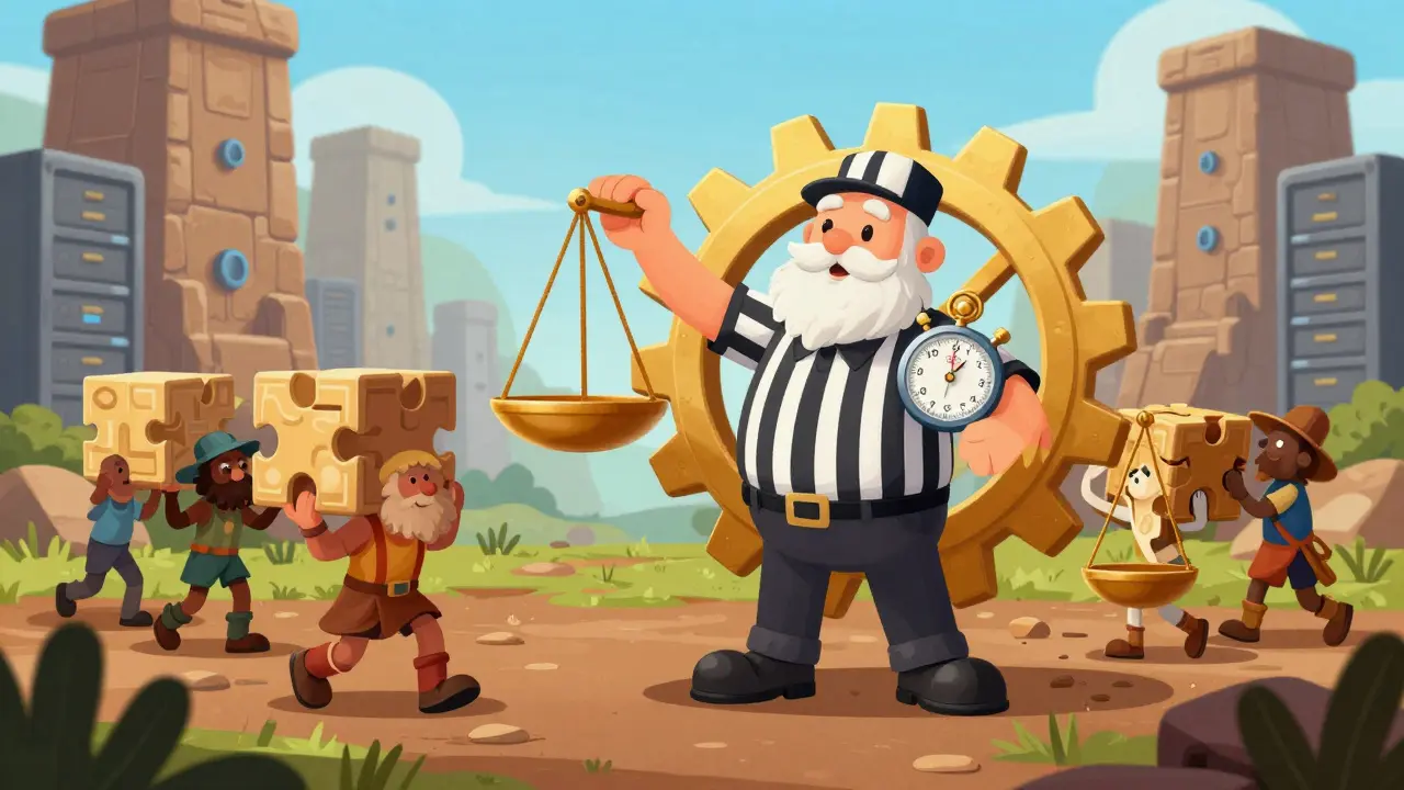 A golden gear referee balancing mining puzzles, illustrating difficulty adjustment stability.