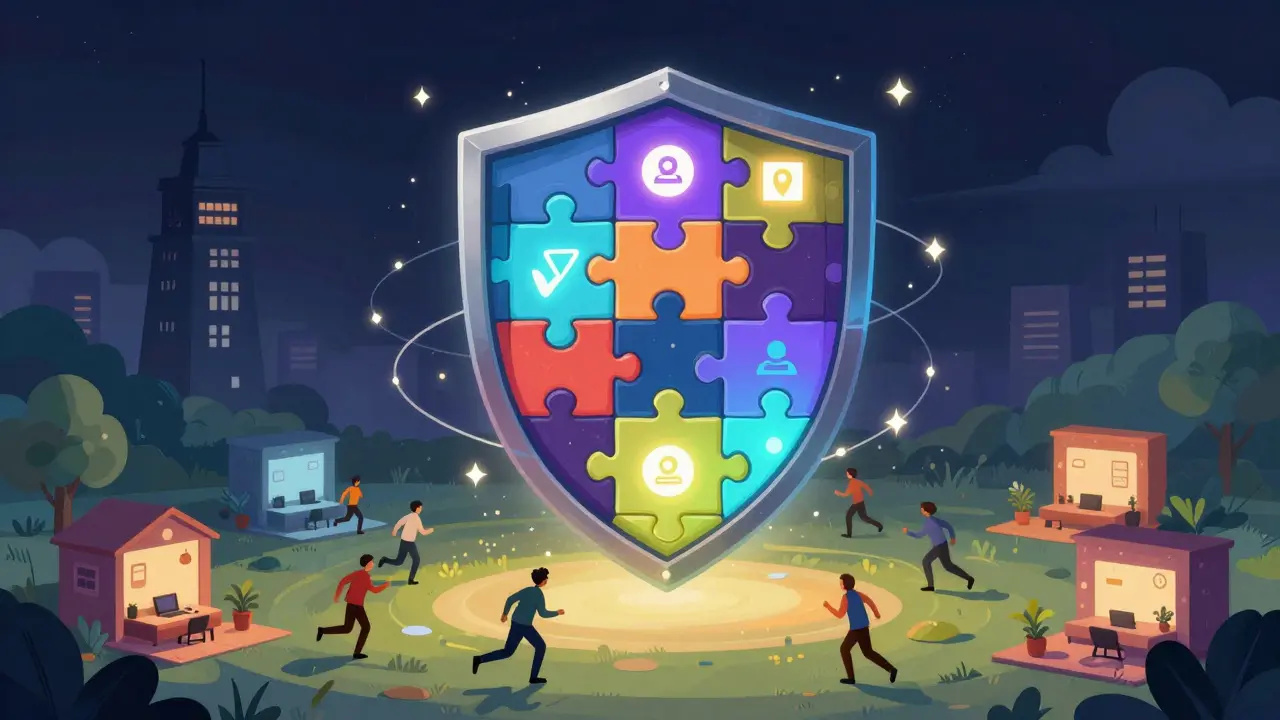 A protective shield of distributed nodes guarding against centralization threats.