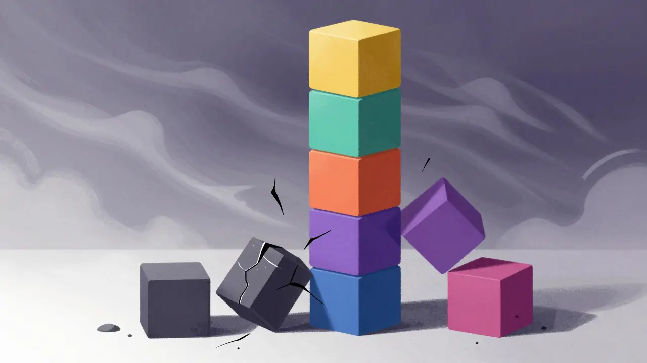 A tower of interconnected blocks wobbling as one cracks, symbolizing systemic risk.