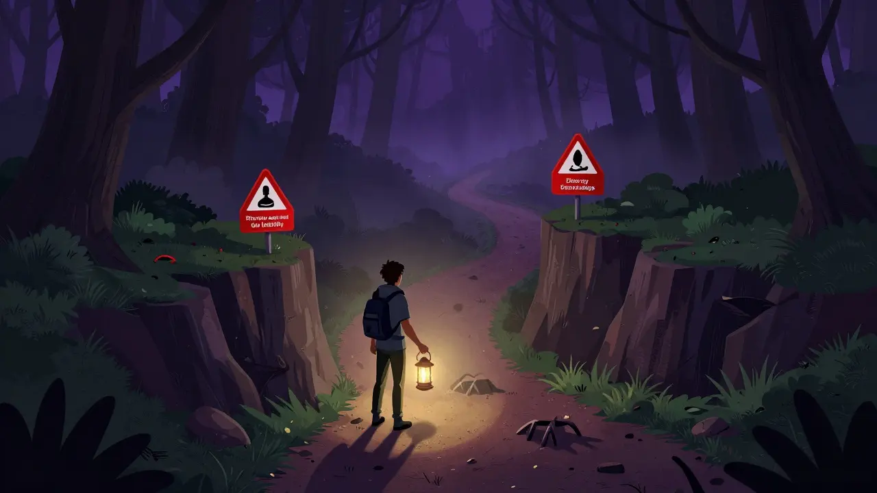 Adventurer navigating risky paths in a dark, foggy forest