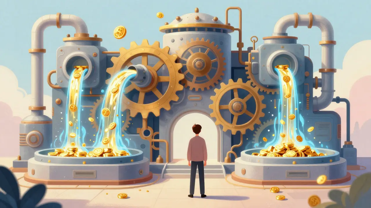 Automated financial gears and pipes flowing with glowing energy in a magical illustration.