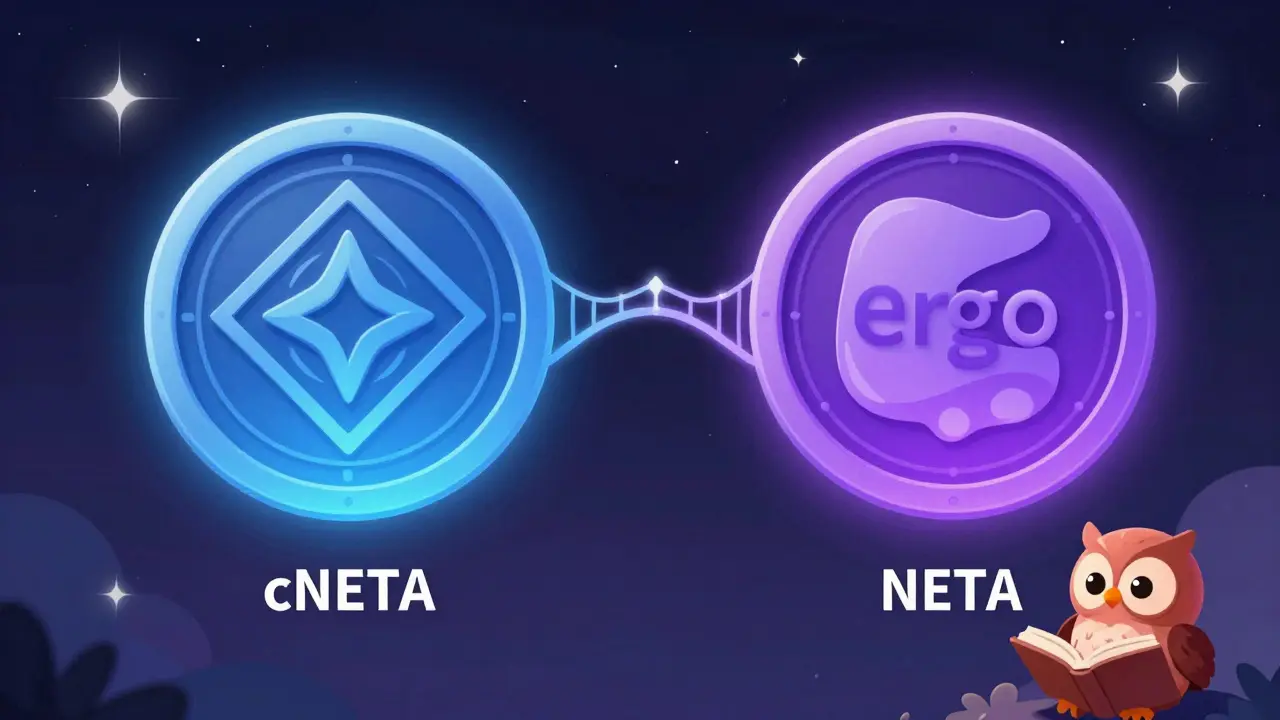 Cartoon of cNETA and NETA tokens connected by light