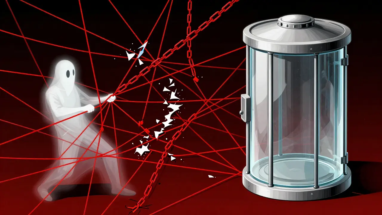 Cartoon showing tangled red webs and an empty glass vault symbolizing risk