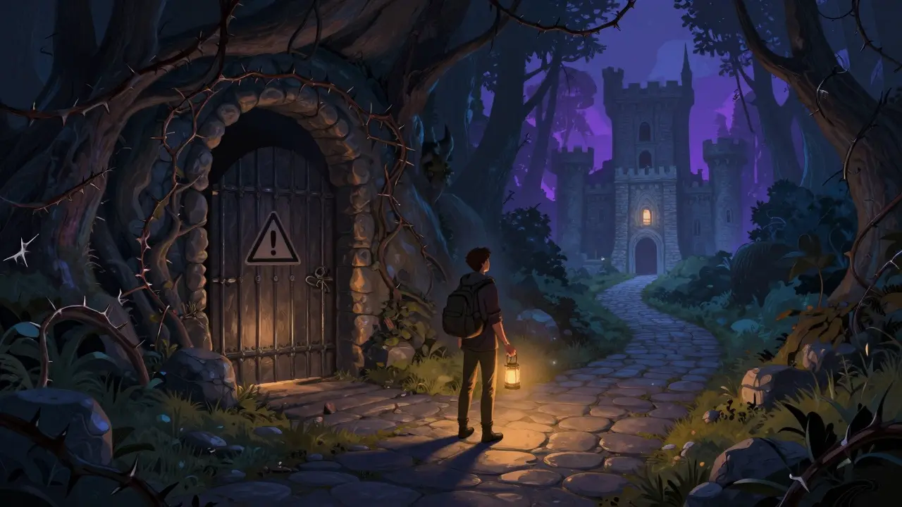 Cautious traveler choosing between a dark risky path and a safe lit road in a storybook forest.