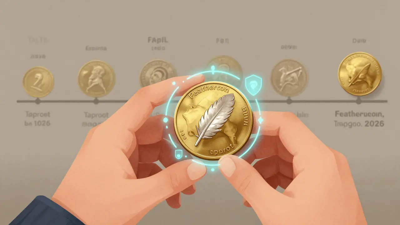 Collector holding a Feathercoin token depicted as a historical artifact.