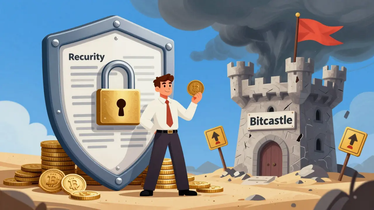 Contrast between a secure shield and a crumbling Bitcastle tower