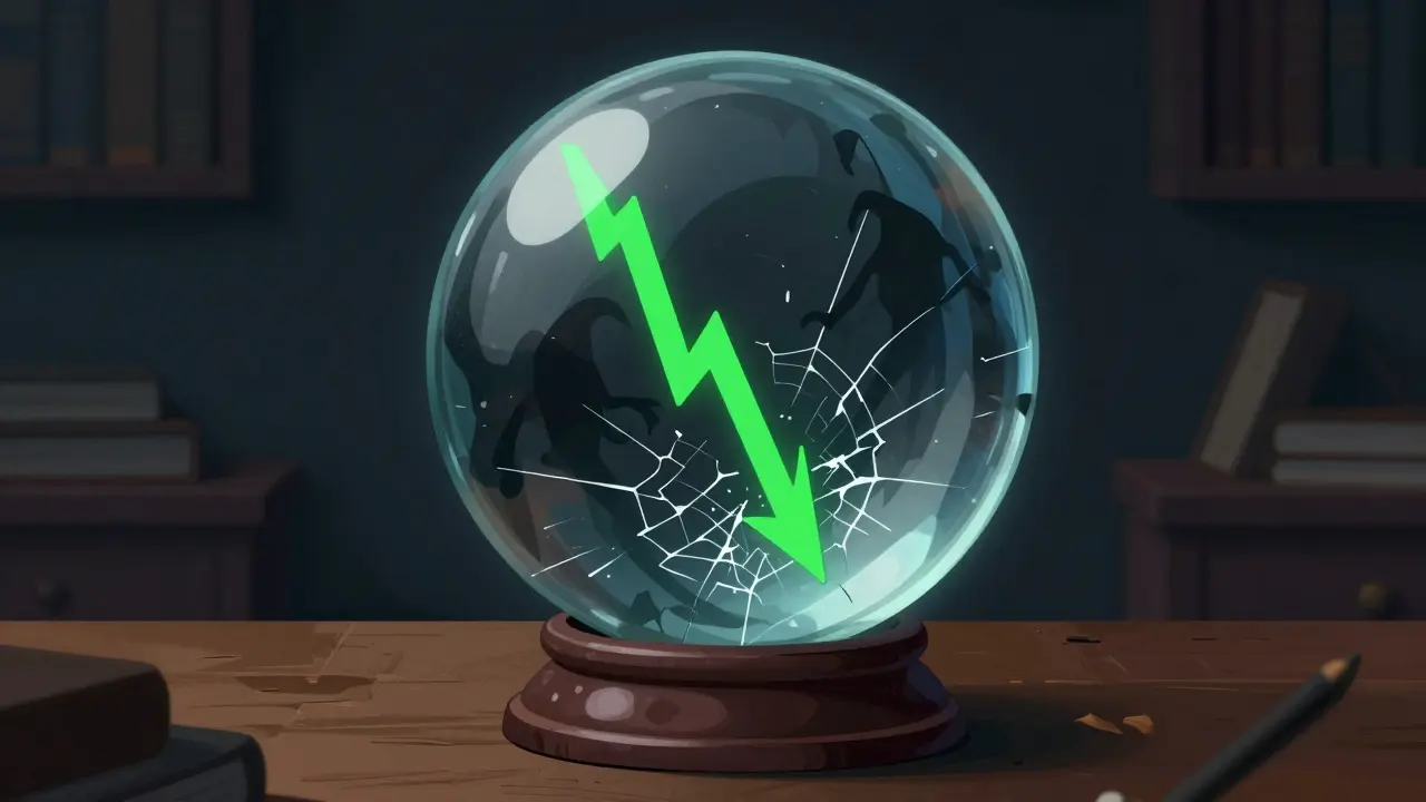 Crystal ball showing a plummeting green chart shattering the glass surface