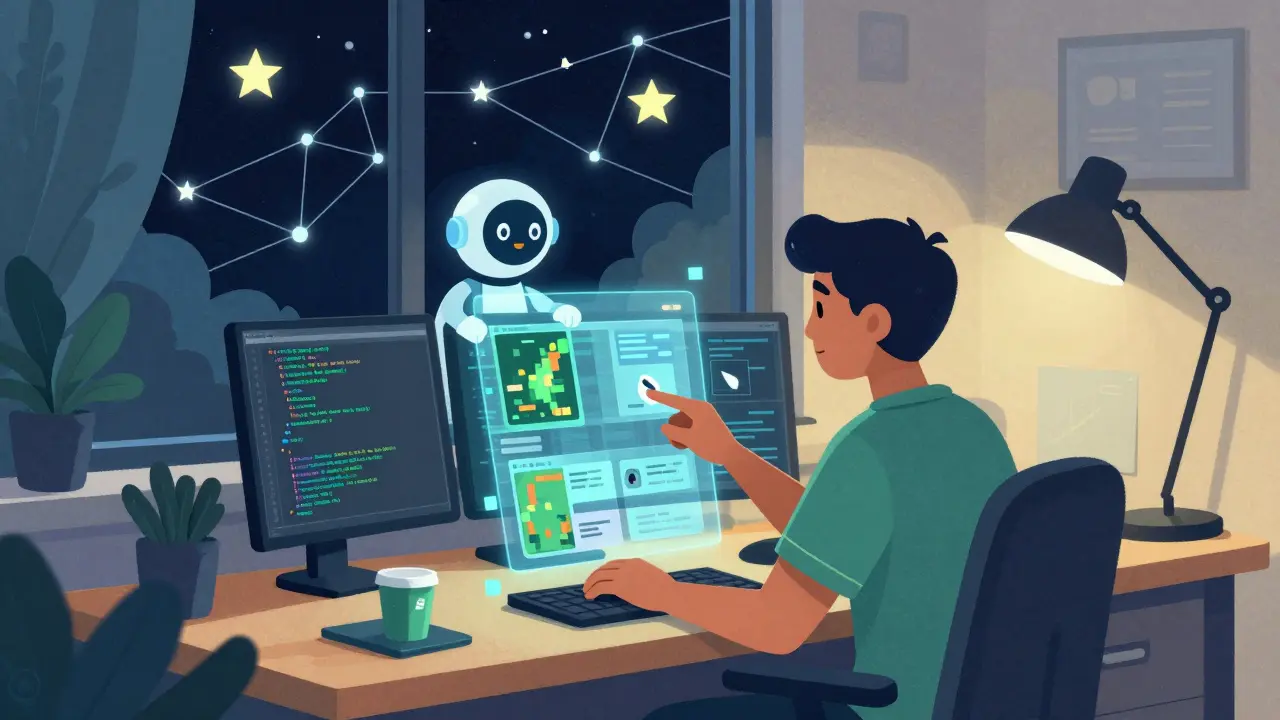 Developer working with AI assistant and holographic interfaces in a cozy room.