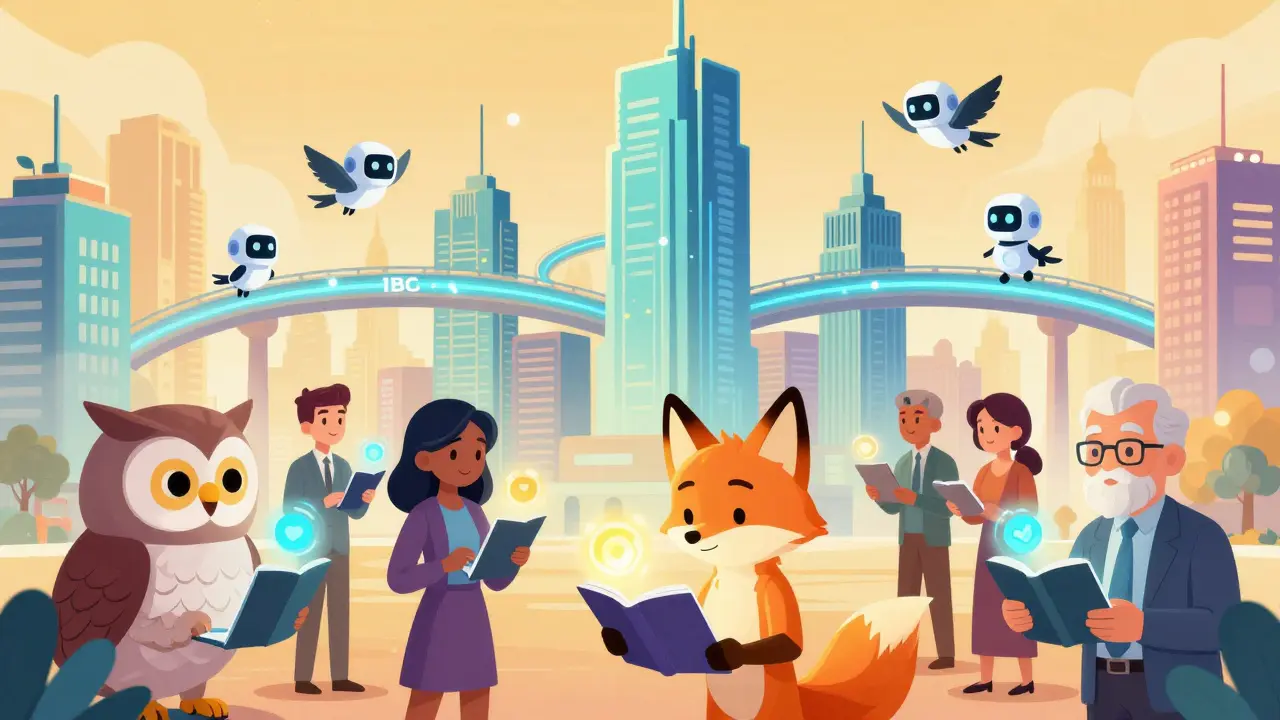 Diverse validators collaborating in a futuristic, interconnected blockchain city.