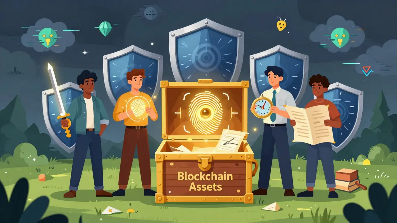 Five magical shields representing MFA factors protecting a blockchain treasure chest.