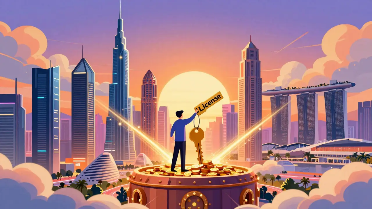 Futuristic city skyline with golden light streams, representing tax-efficient crypto hubs like UAE and Singapore.