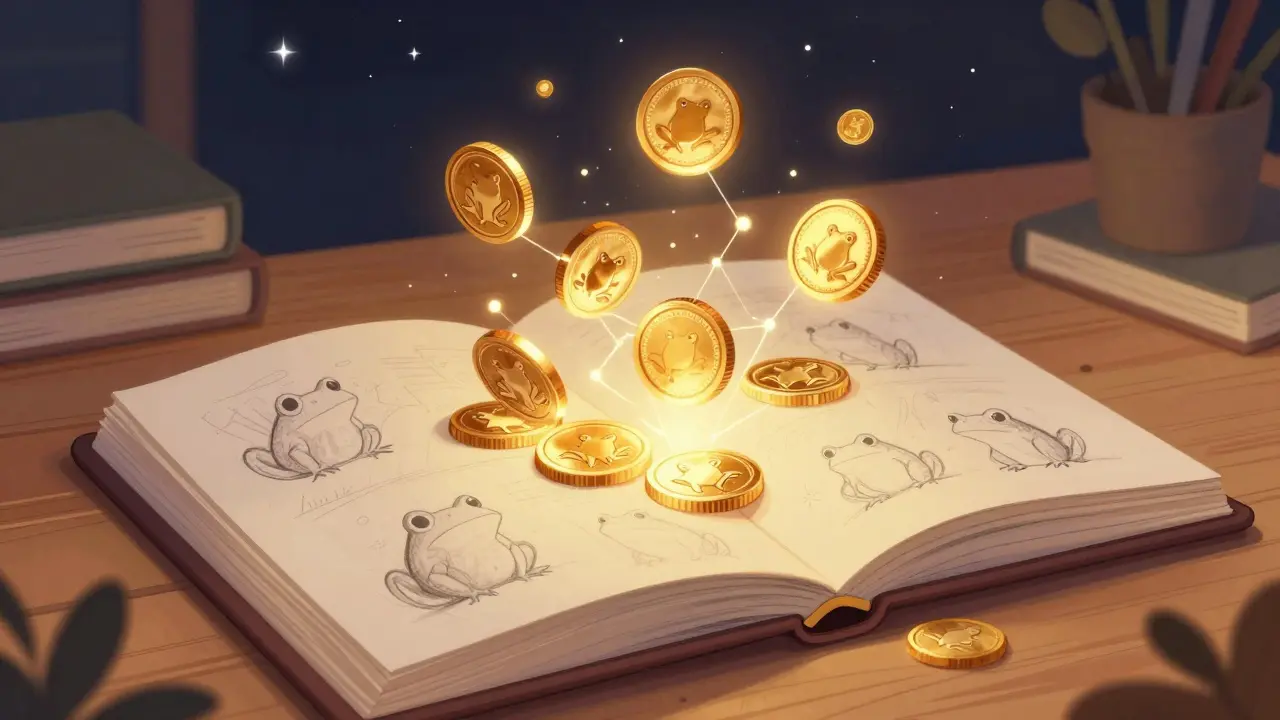 Glowing crypto coins rising from an open comic book sketch