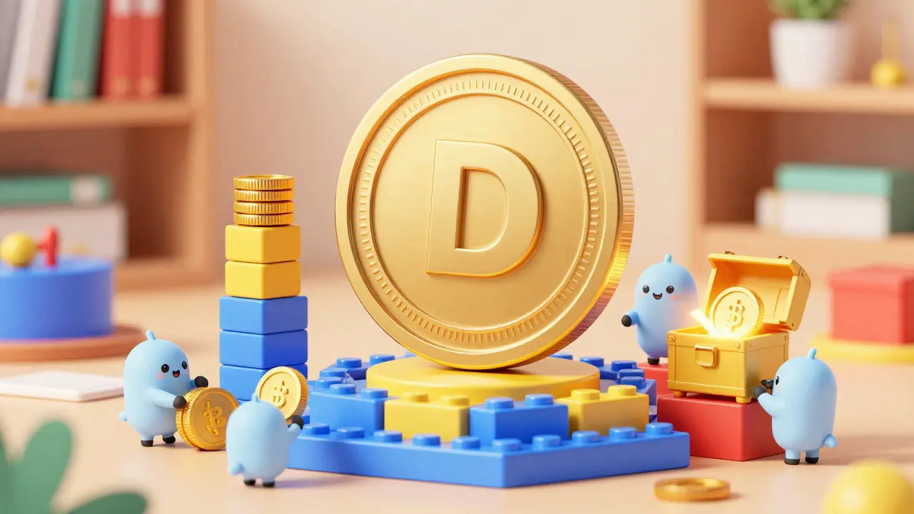 Golden D token on blockchain blocks with characters staking and voting.