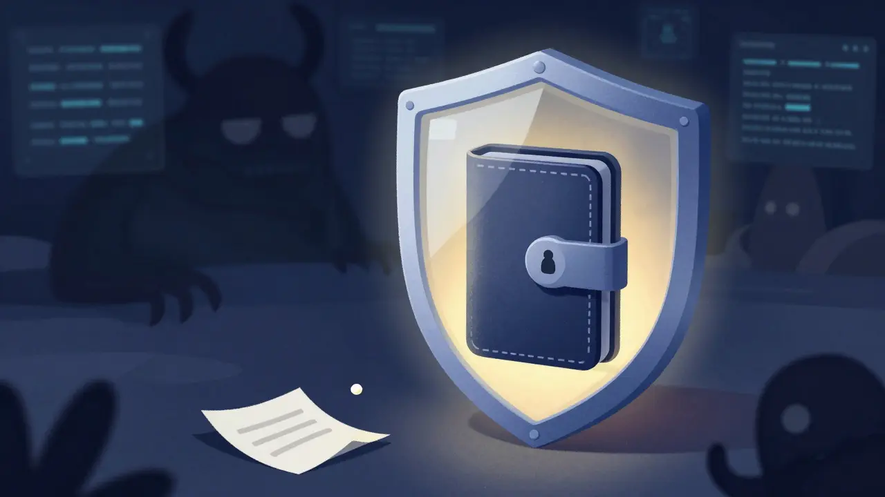 Hardware wallet protected by a shield against digital shadows and errors.