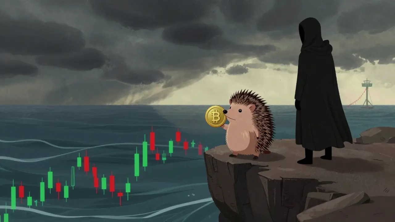 Hedgehog holding a coin near a cliff, symbolizing crypto investment risks