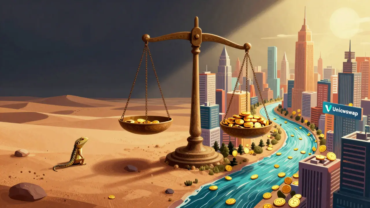 Illustration comparing a tiny speck of volume to a bustling city, highlighting liquidity disparity.