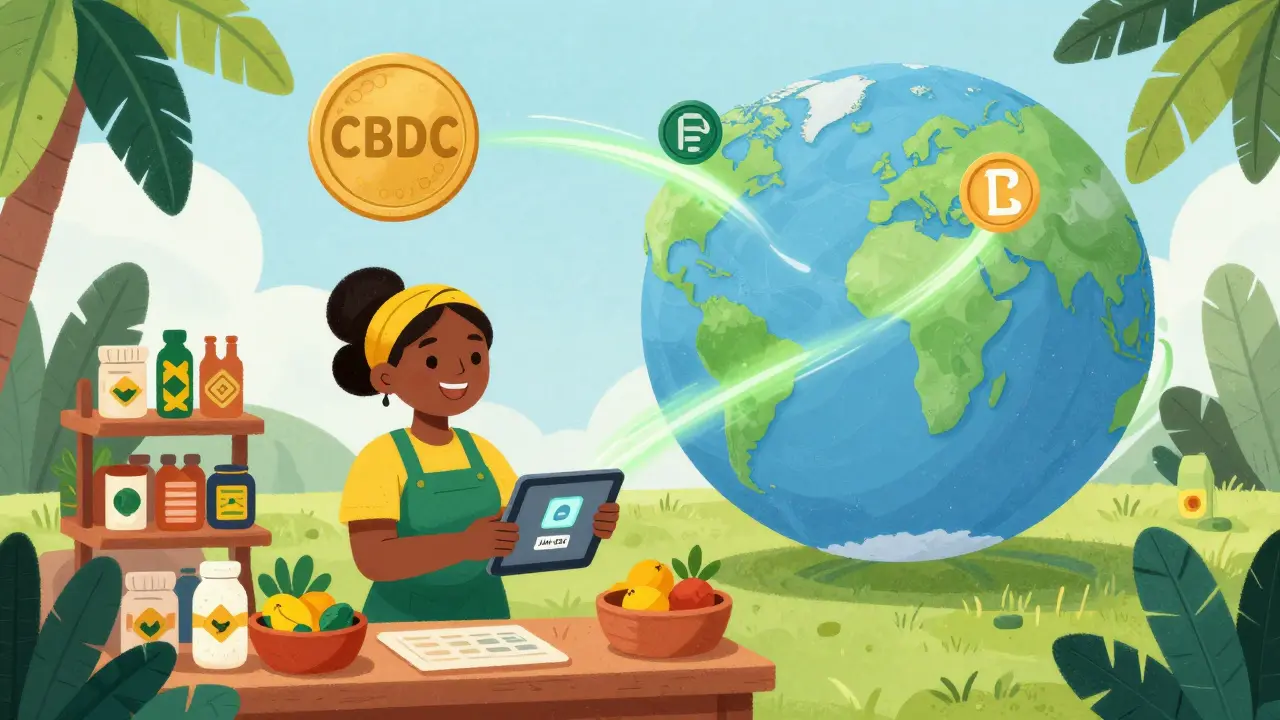 Illustration of a shopkeeper using digital payments while global data streams flow around a globe in the background.