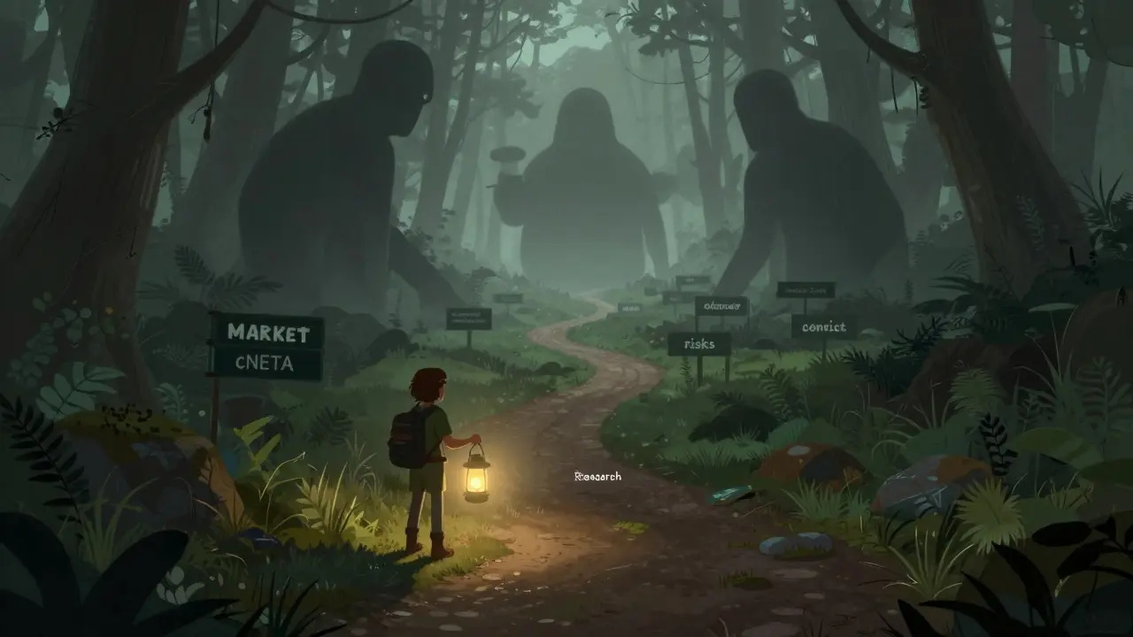 Illustration of an adventurer navigating a risky crypto path