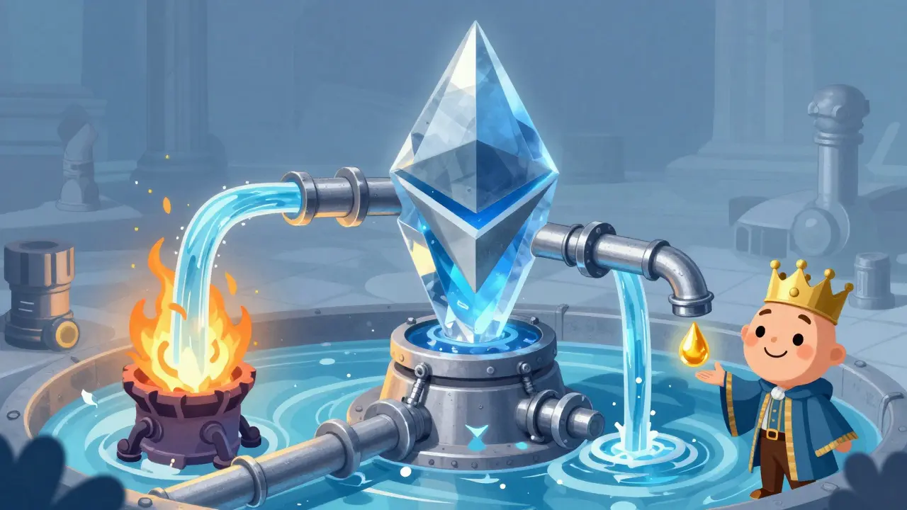 Illustration of Ethereum fees burning in a furnace with validators