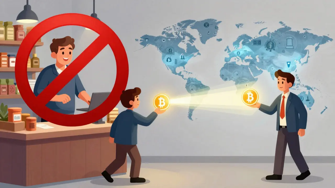Illustration showing local payment bans vs successful global crypto transfers
