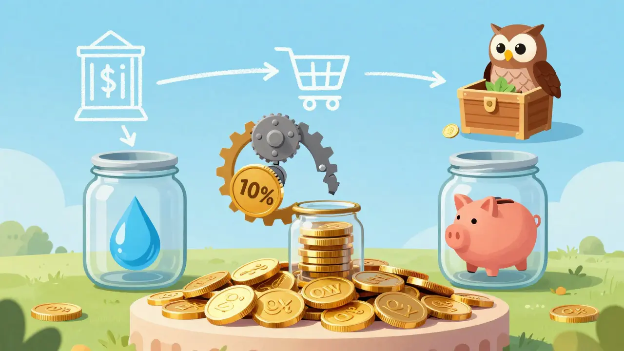 Illustration showing OWL token fees splitting into liquidity and rewards jars