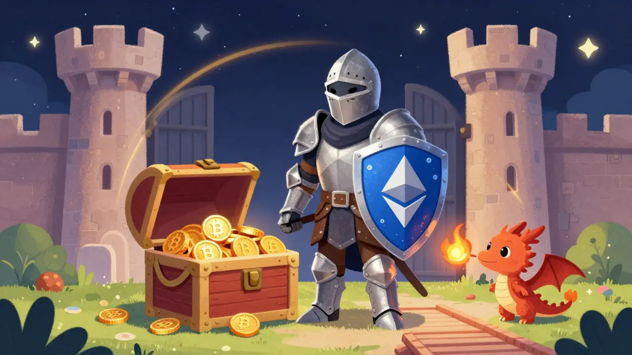 Knight protecting crypto treasure with StarkNet security shield