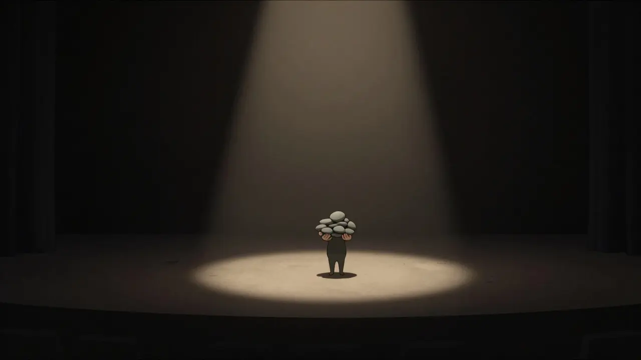 Lone figure holding dull tokens on an empty, dark stage under a spotlight
