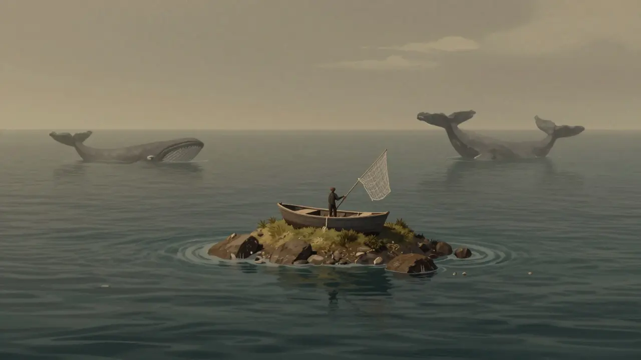 Lonely boat on small island surrounded by ocean in storybook art