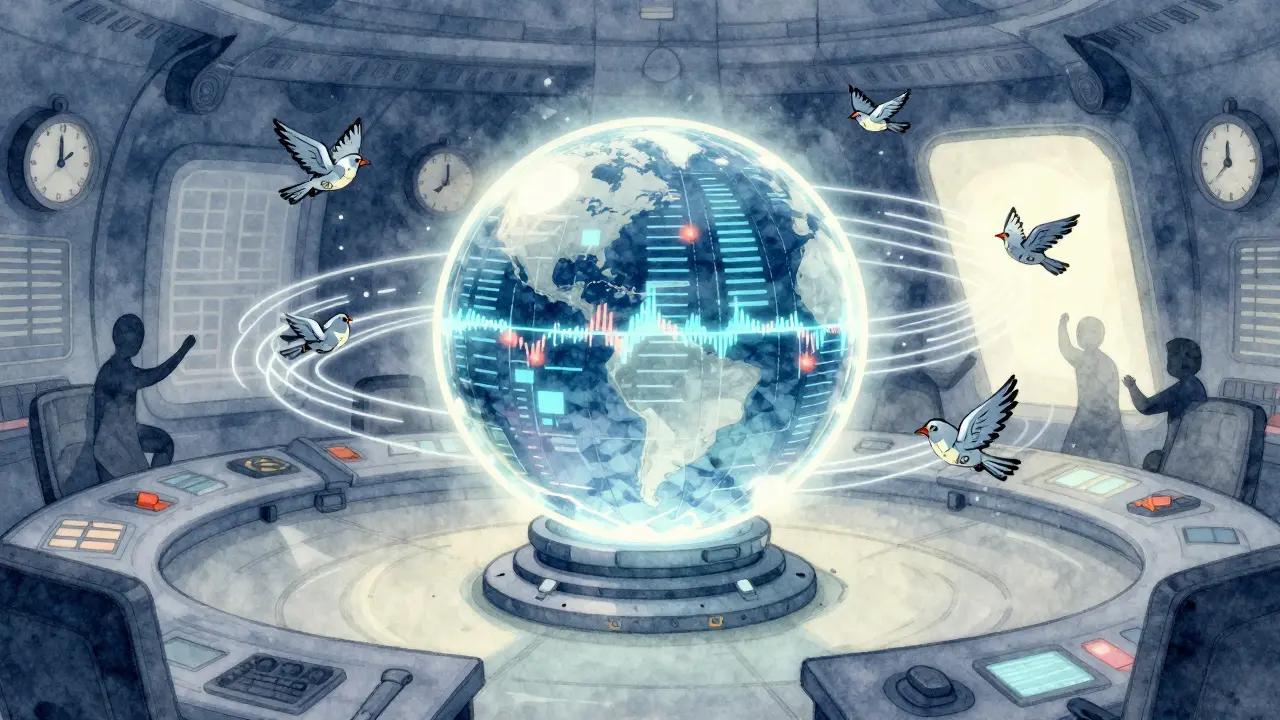 Magical control room with glowing orb guiding data birds, representing secure algorithms.
