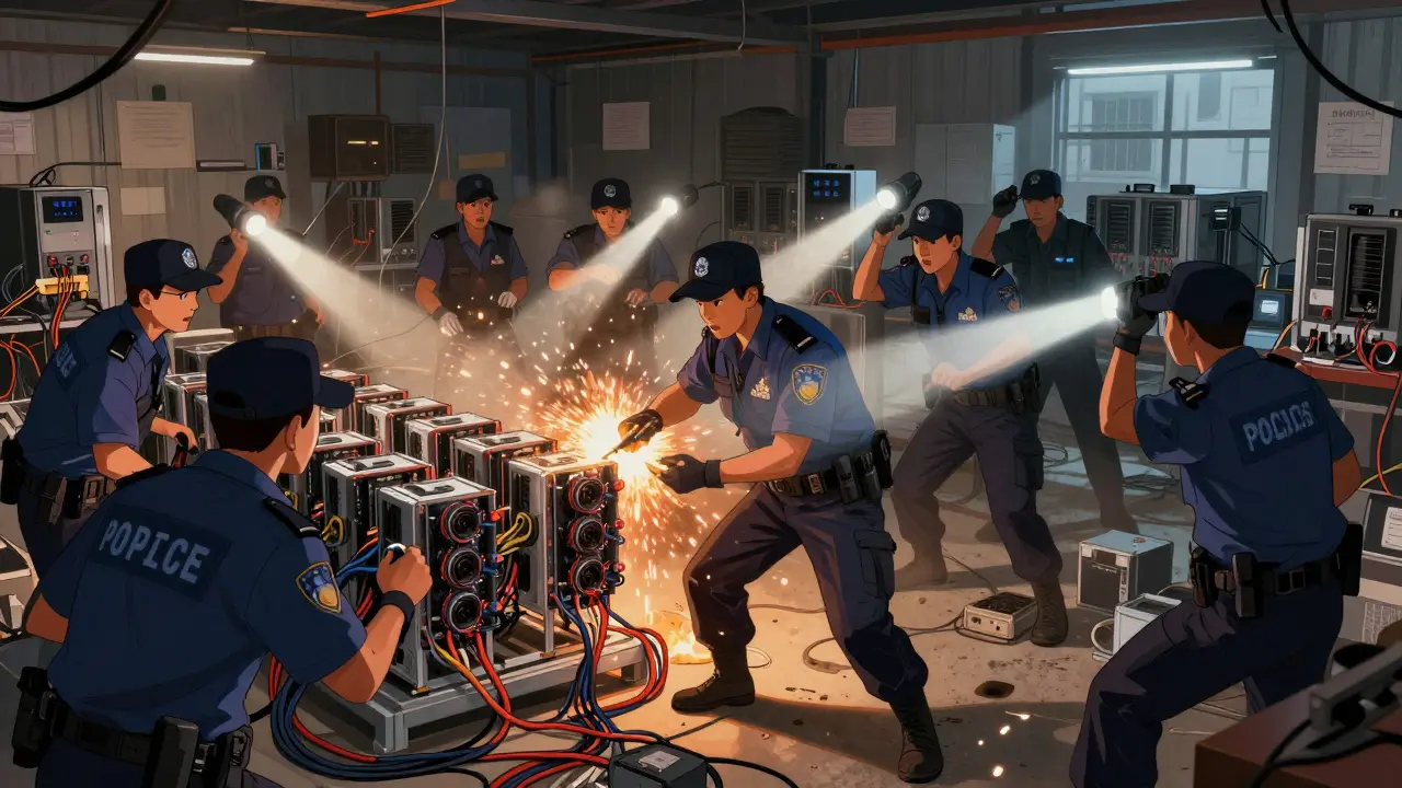 Police raiding a crypto mining warehouse in Kosovo, seizing equipment and cutting power.