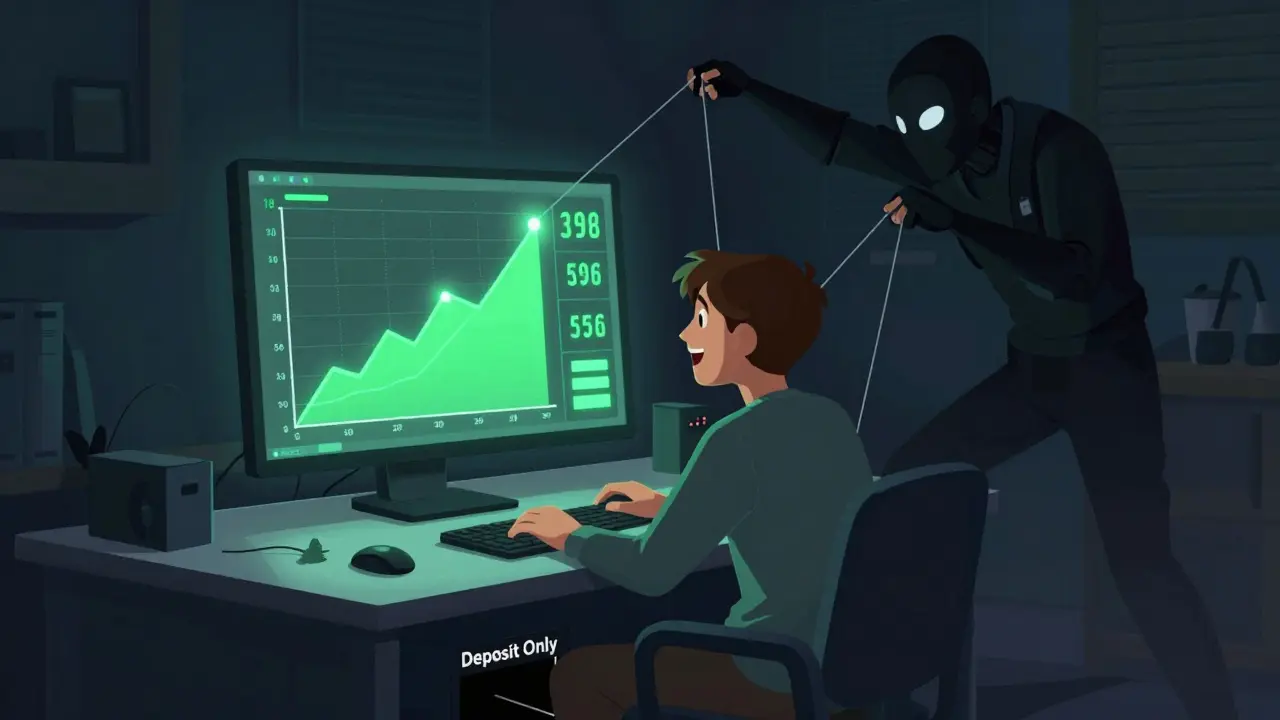 Puppeteer manipulating fake profit charts on a computer screen