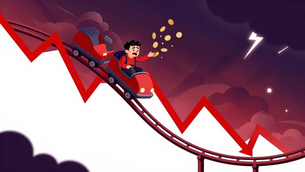 Rollercoaster graph crashing down with dissolving coins in illustration
