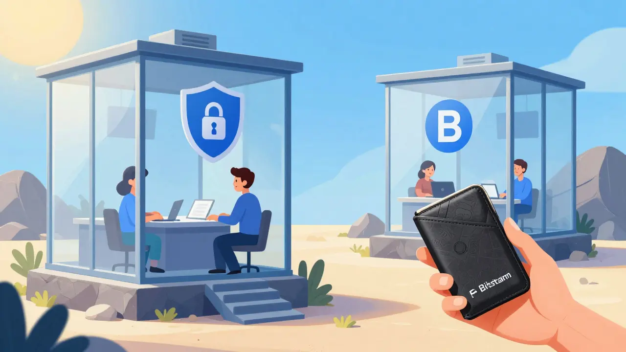 Secure, transparent exchange buildings with shield emblems