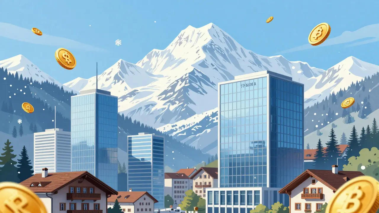 Swiss Alps and modern buildings with floating gold coins, symbolizing safe crypto infrastructure.