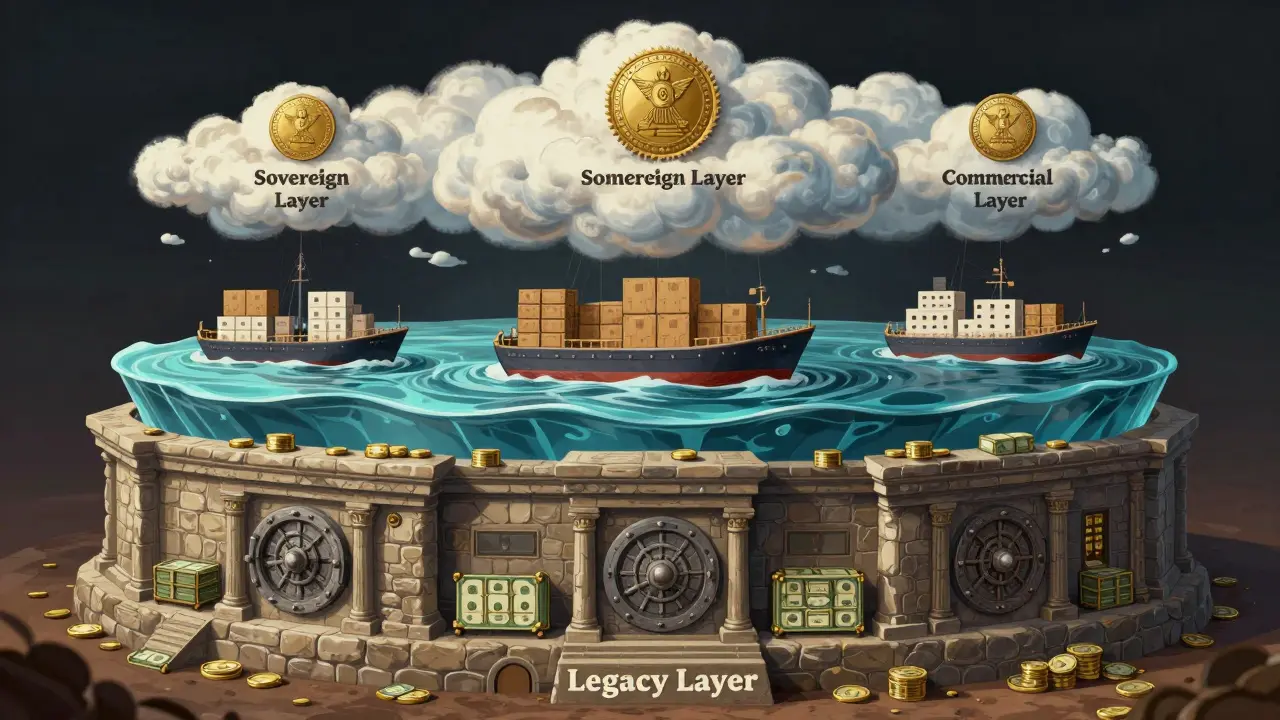 Three-tiered storybook illustration depicting legacy cash, commercial digital flows, and sovereign cloud structures.