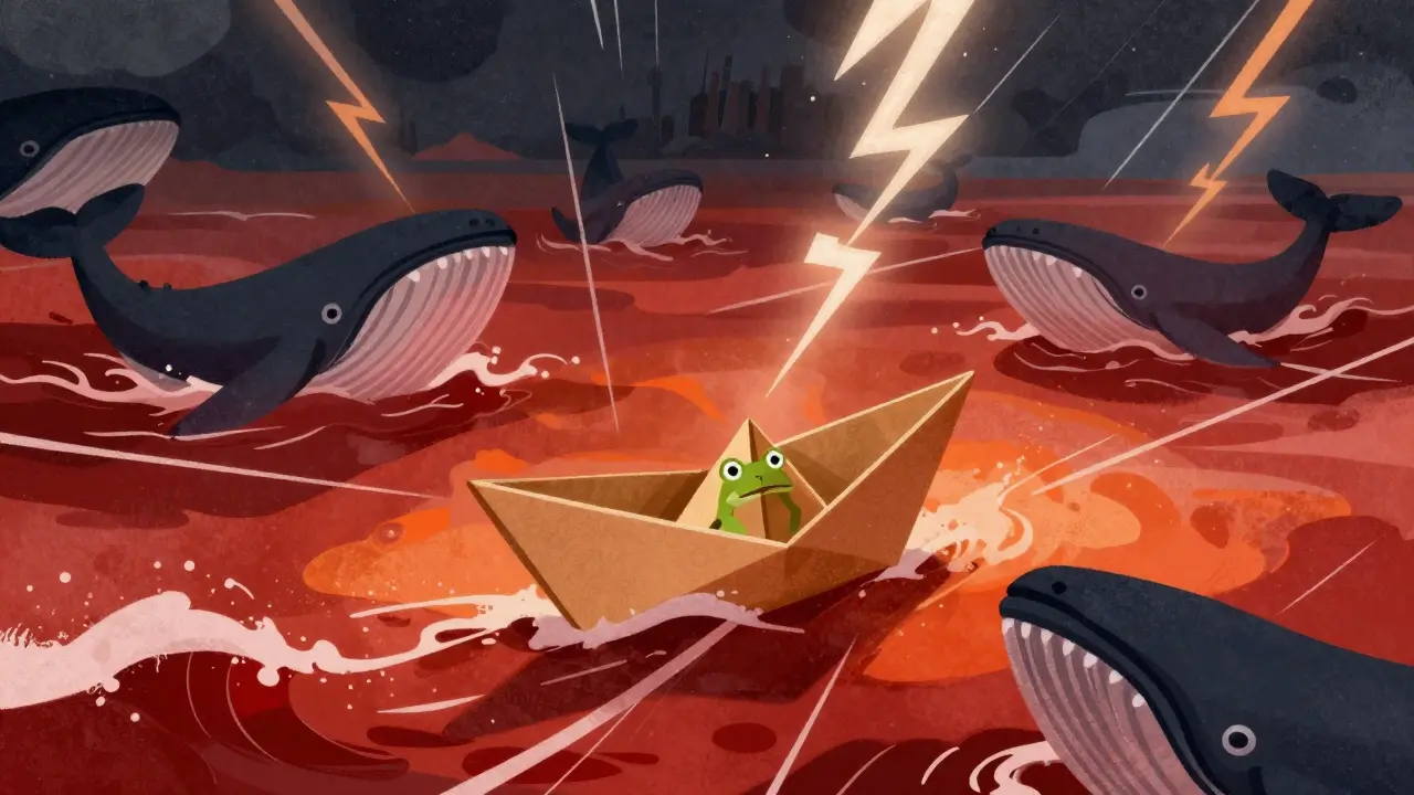 Tiny frog boat navigating stormy red waves in illustration