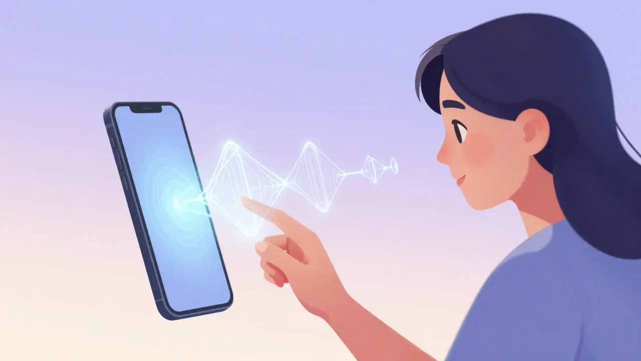 User accessing secure blockchain interface via biometrics and phone in a futuristic setting.