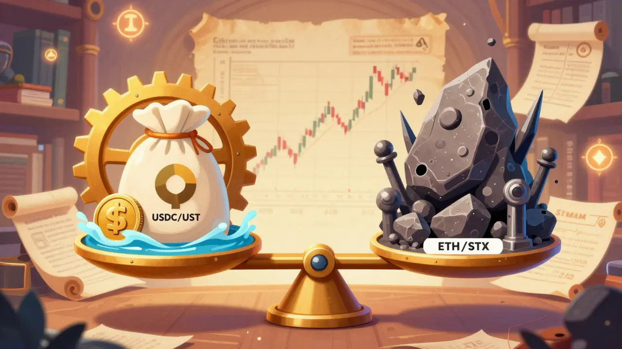 Whimsical scale balancing stable and volatile crypto assets