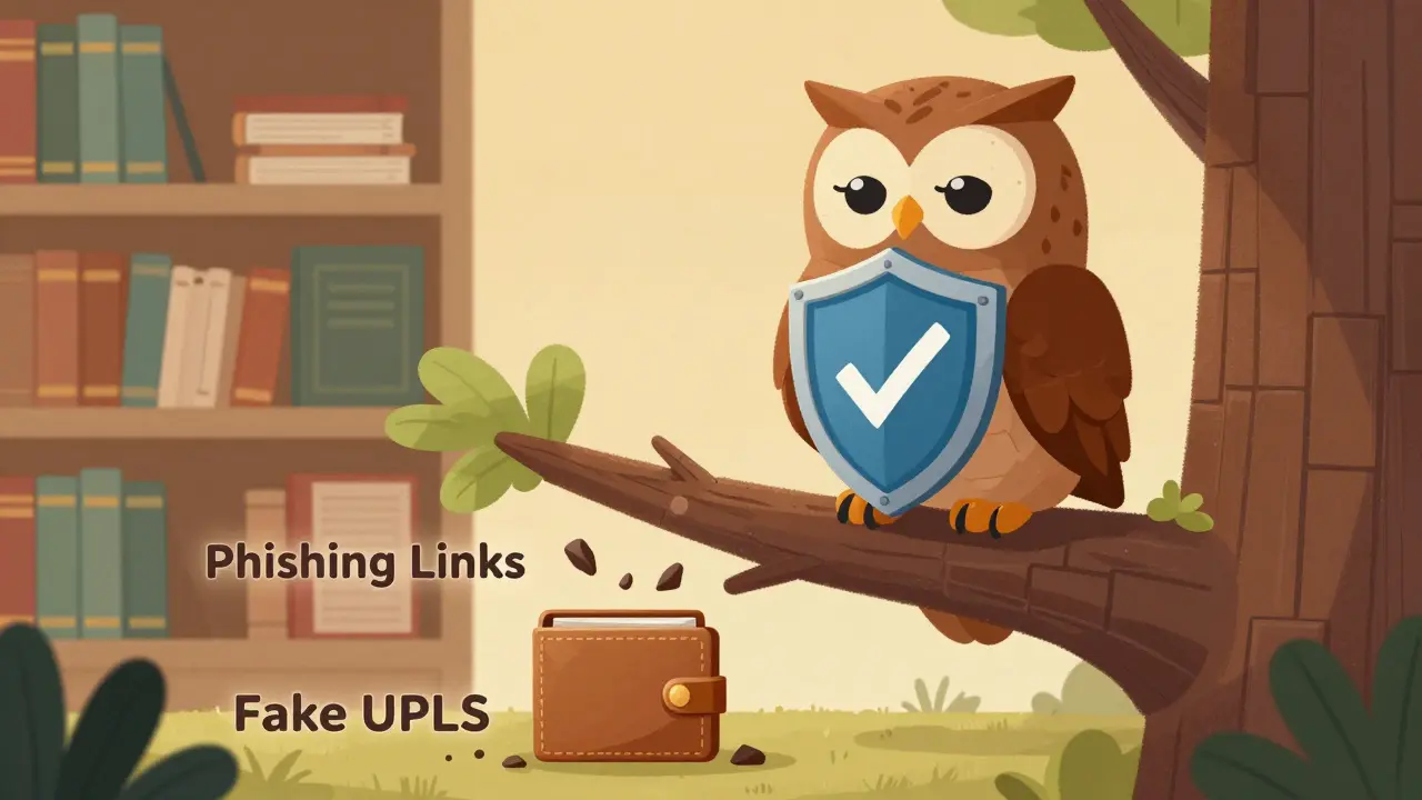 Wise owl guardian protecting crypto wallet from phishing scams