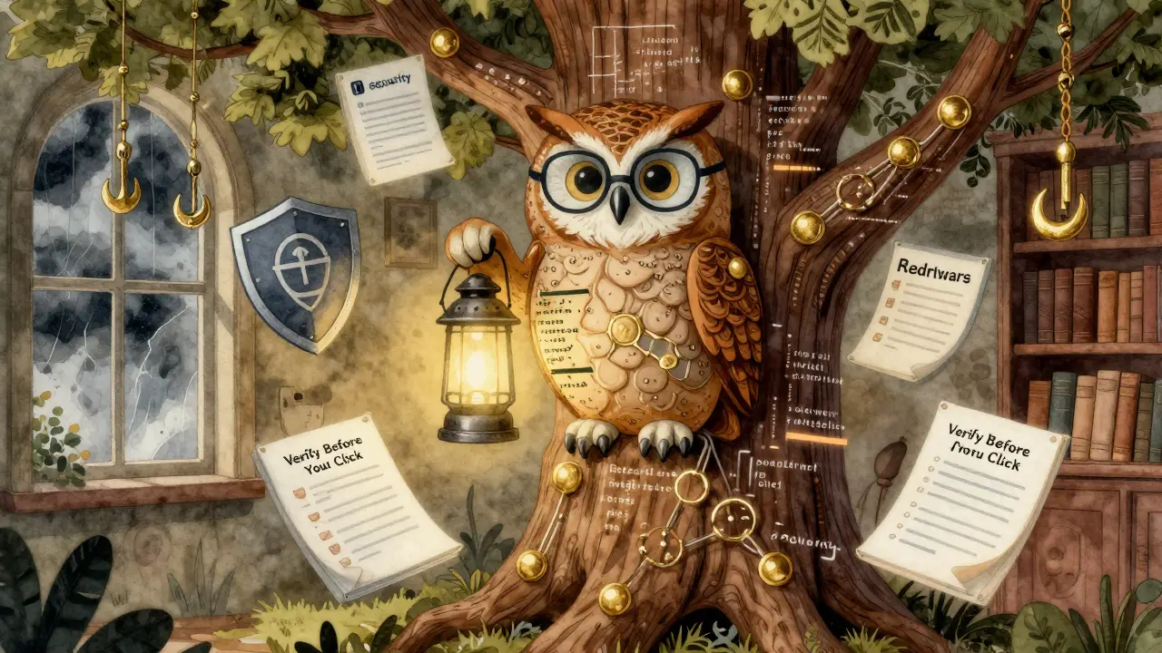 Wise owl illuminating security checklists and protective shields against crypto scams