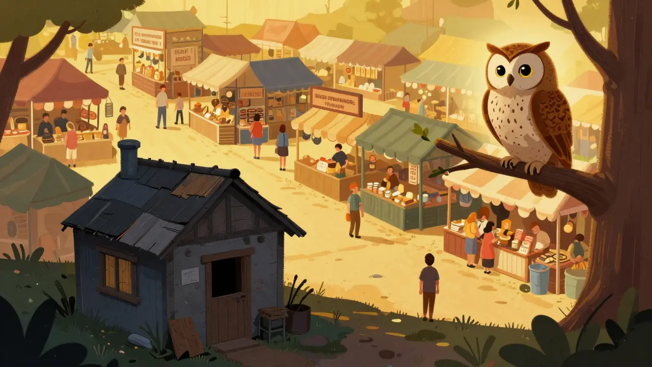 Wise owl watching a safe market versus a dark, isolated shack