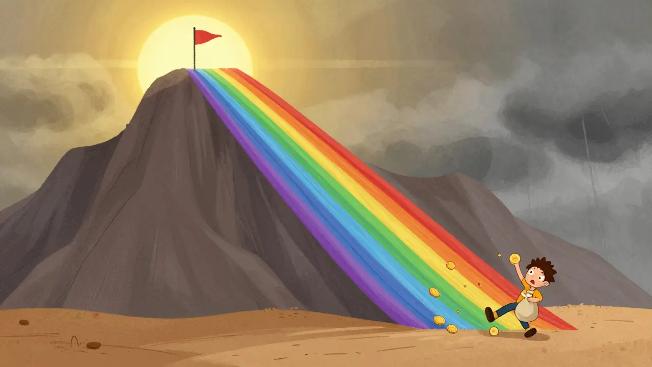 A character sliding down a rainbow mountain from a peak to a flat plain