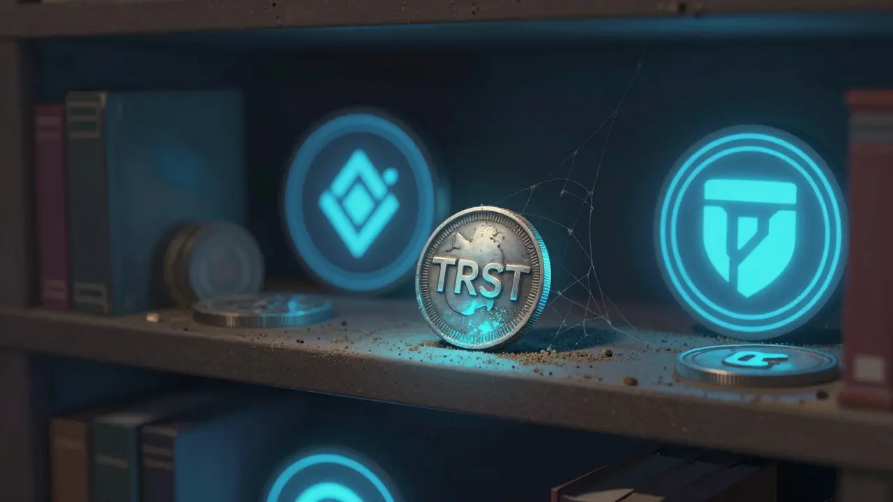 A dusty, dormant TRST token sitting on a shelf next to bright modern crypto tokens.
