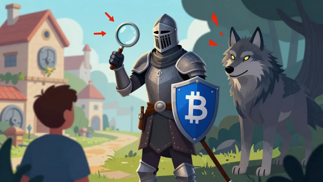 A protective knight shielding a user from a disguised wolf representing crypto scams.