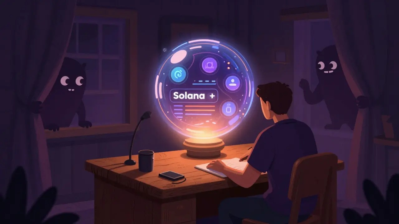 A trader looking at a glowing orb with shadowy risk monsters nearby